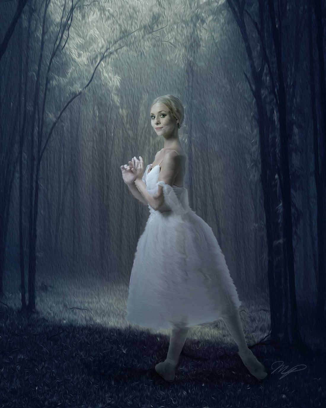 Ballerina in a blue toned forest composition