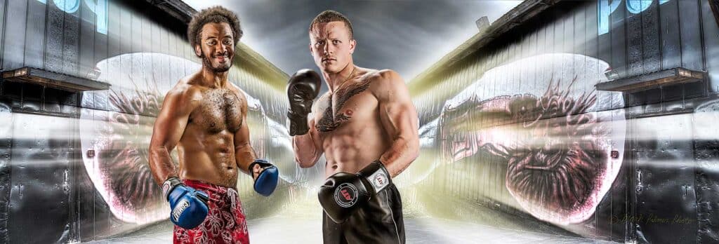 Composite portrait of two boxers with boxing gloves in the foreground