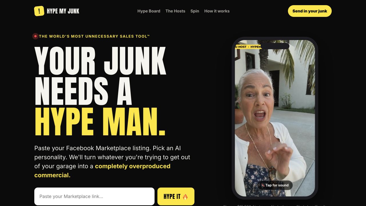 Live capture from the Hype My Junk landing page