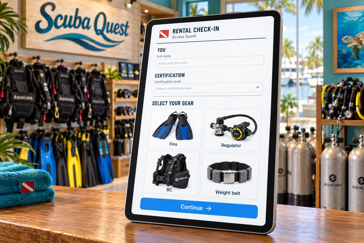 Illustrative dive shop scene with a proposed gear selection interface
